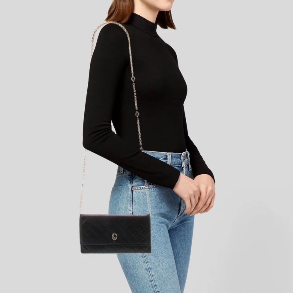At John Quilted Black Leather Bag with Gold Accents and detachable chain
